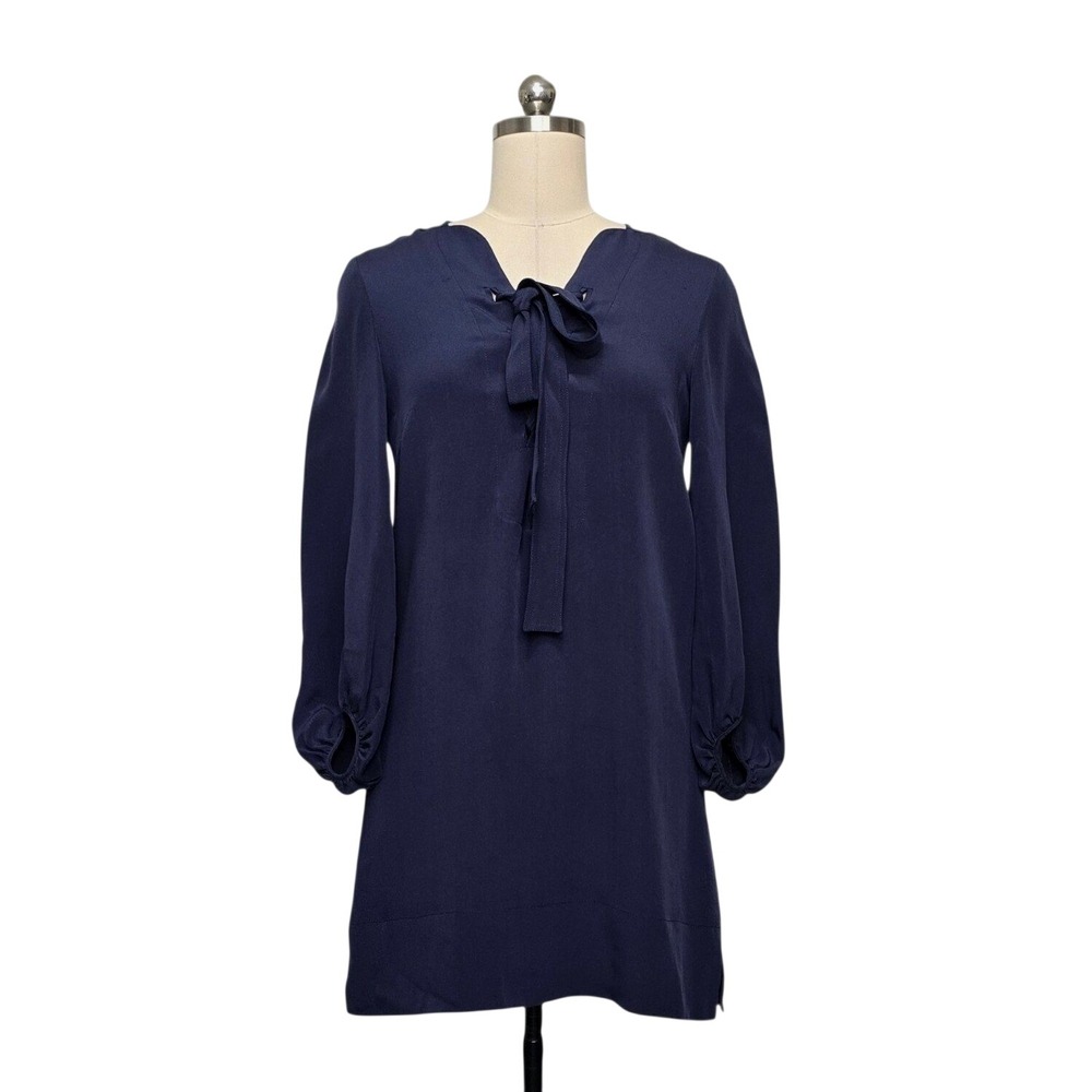 Derek Lam Navy Blue 100% Silk Tie Neck Bishop Sleeve Mini Shift Dress Size 4